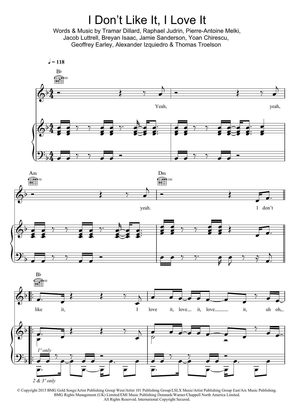 Flo Rida I Don't Like It, I Love It Sheet Music Notes & Chords for Piano, Vocal & Guitar (Right-Hand Melody) - Download or Print PDF