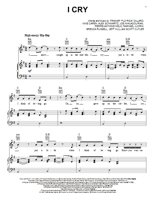 Preview Flo Rida I Cry Pop sheet music, notes and chords for Piano, Vocal & Guitar (Right-Hand Melody), SKU: 94170 I Cry sheet music