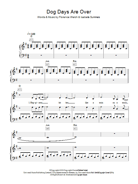 Florence And The Machine Dog Days Are Over Sheet Music Notes & Chords for Piano, Vocal & Guitar (Right-Hand Melody) - Download or Print PDF