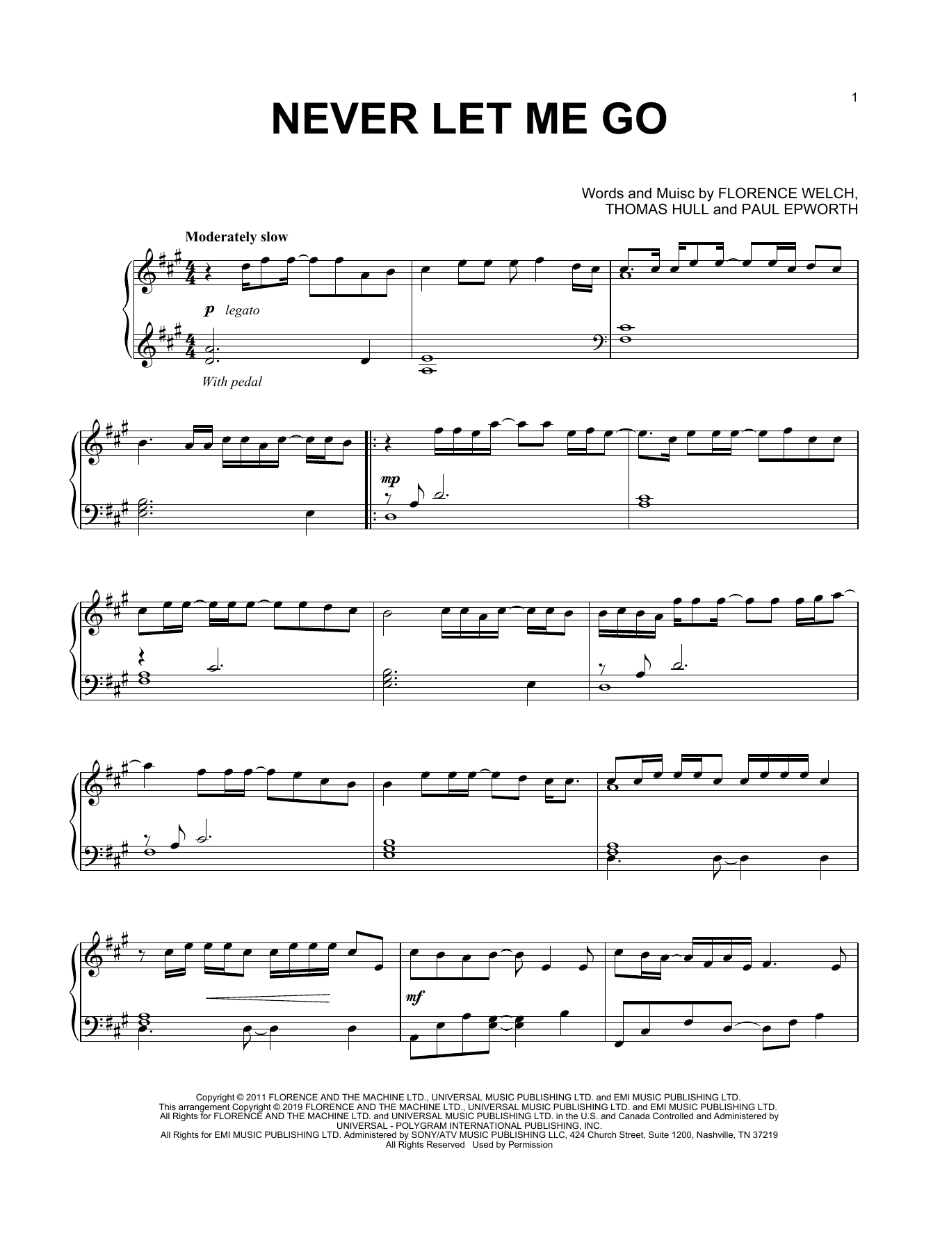 Florence And The Machine Never Let Me Go Sheet Music Notes & Chords for Piano Solo - Download or Print PDF