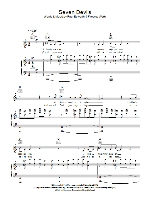 Florence And The Machine Seven Devils Sheet Music Notes & Chords for Piano, Vocal & Guitar - Download or Print PDF