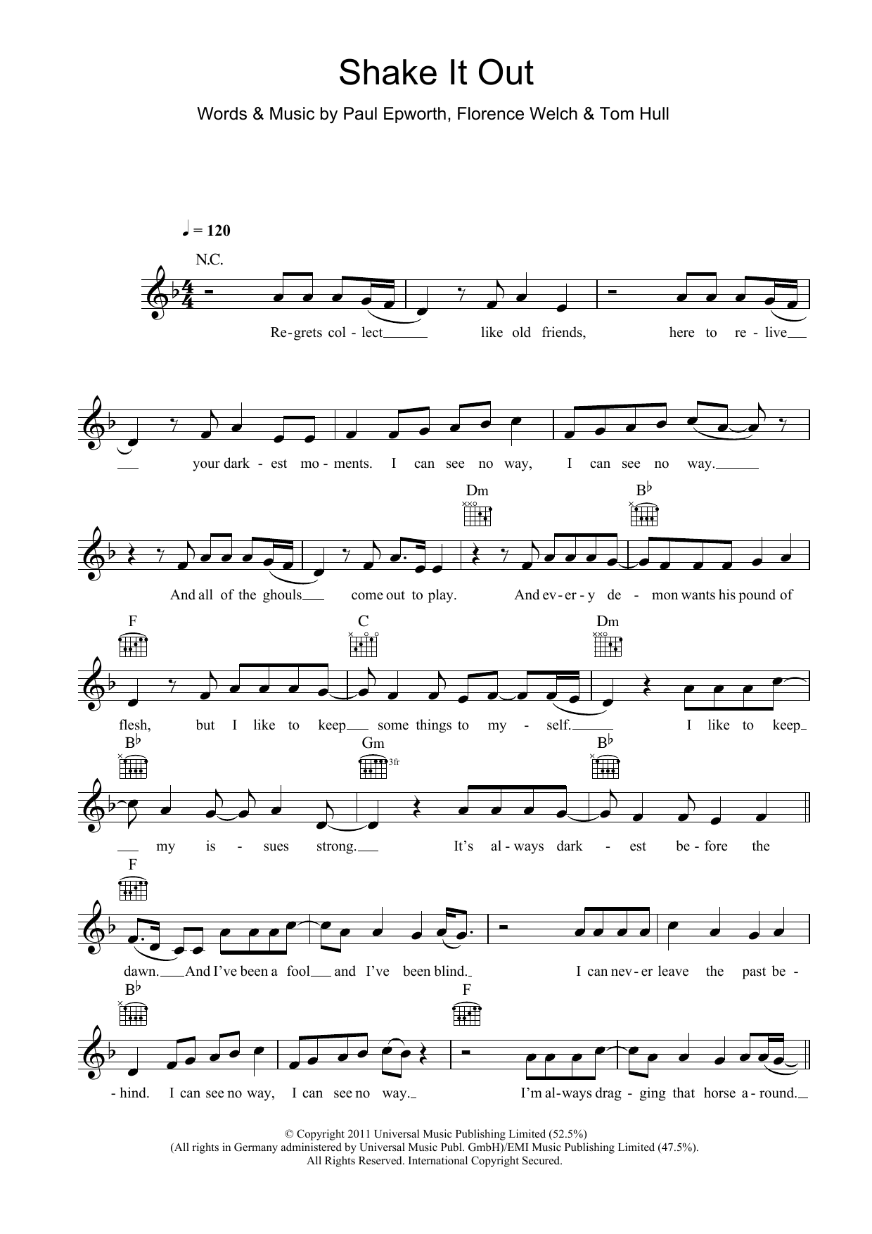 Florence And The Machine Shake It Out Sheet Music Notes & Chords for Melody Line, Lyrics & Chords - Download or Print PDF
