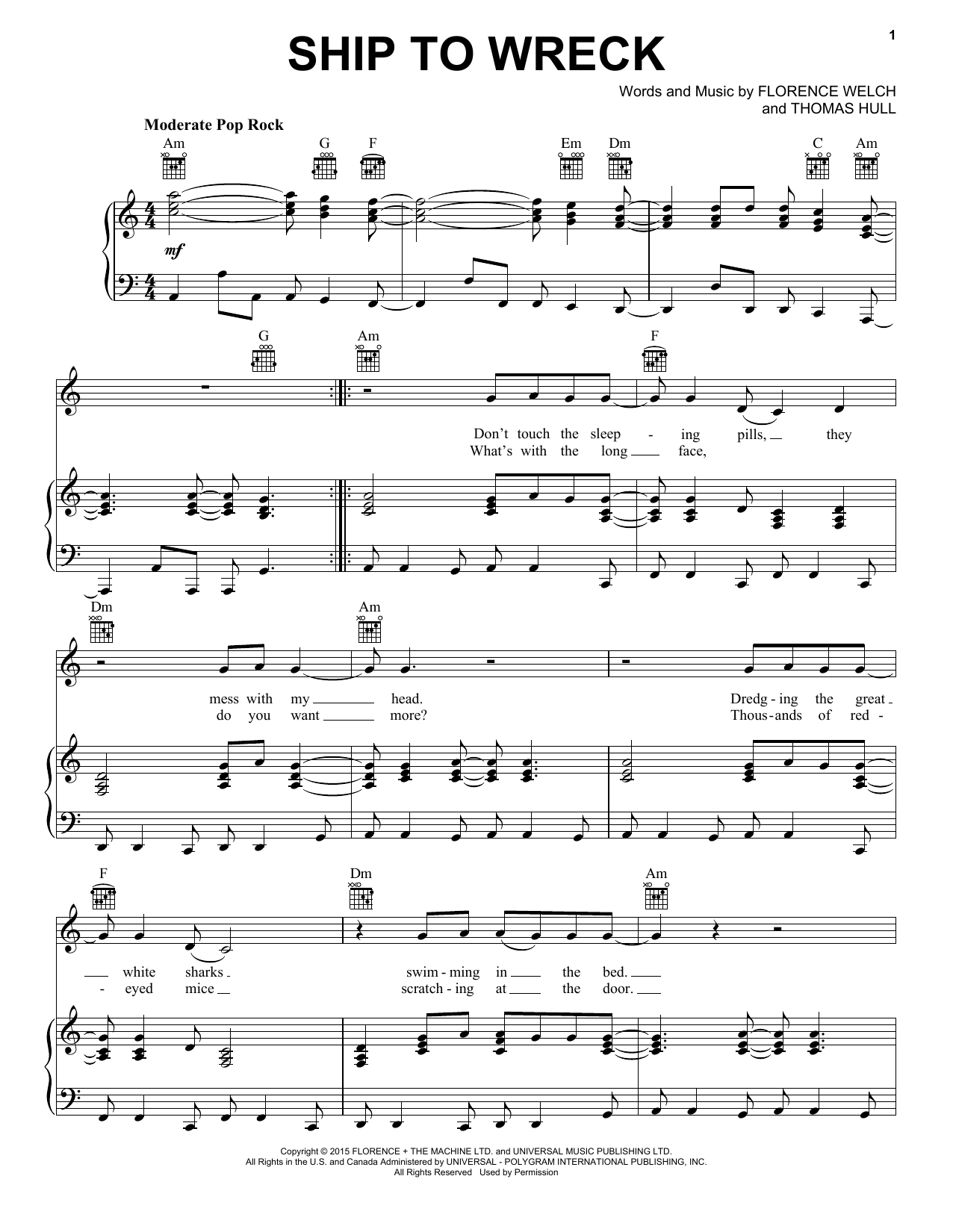 Florence And The Machine Ship To Wreck Sheet Music Notes & Chords for Piano, Vocal & Guitar (Right-Hand Melody) - Download or Print PDF