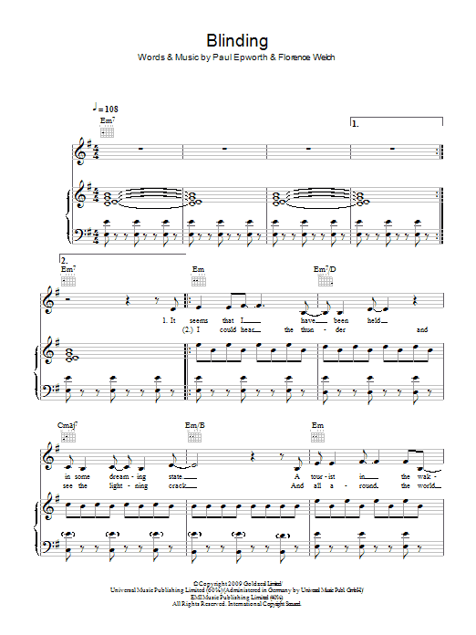Florence And The Machine Blinding Sheet Music Notes & Chords for Piano, Vocal & Guitar - Download or Print PDF