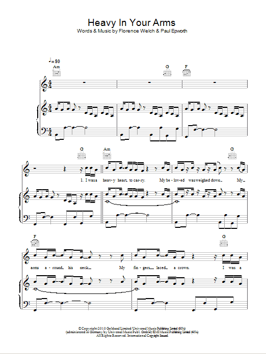 Florence And The Machine Heavy In Your Arms Sheet Music Notes & Chords for Piano, Vocal & Guitar (Right-Hand Melody) - Download or Print PDF