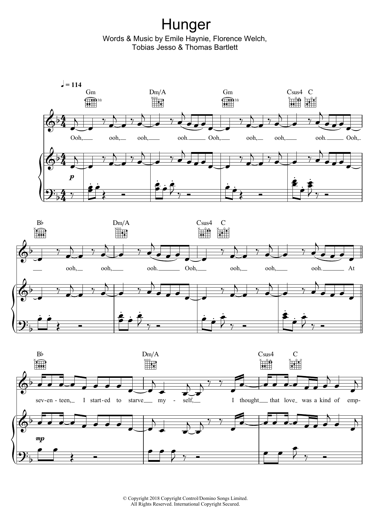 Florence And The Machine Hunger Sheet Music Notes & Chords for Piano, Vocal & Guitar (Right-Hand Melody) - Download or Print PDF