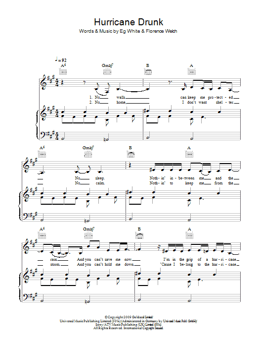 Florence And The Machine Hurricane Drunk Sheet Music Notes & Chords for Piano, Vocal & Guitar - Download or Print PDF