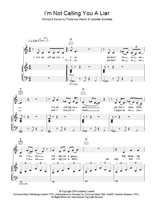 Florence And The Machine I'm Not Calling You A Liar Sheet Music Notes & Chords for Piano, Vocal & Guitar - Download or Print PDF