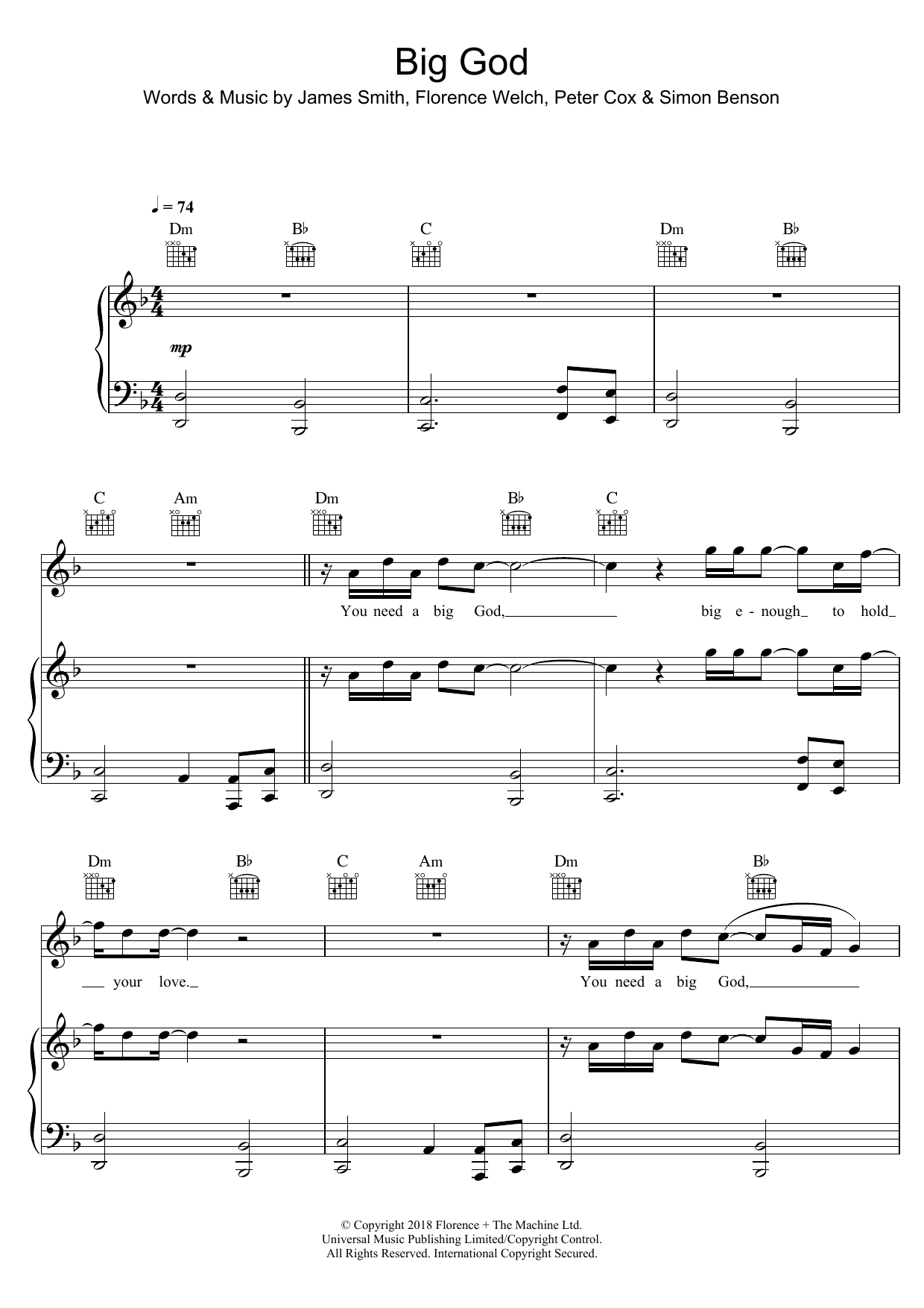 Florence And The Machine Big God Sheet Music Notes & Chords for Piano, Vocal & Guitar (Right-Hand Melody) - Download or Print PDF