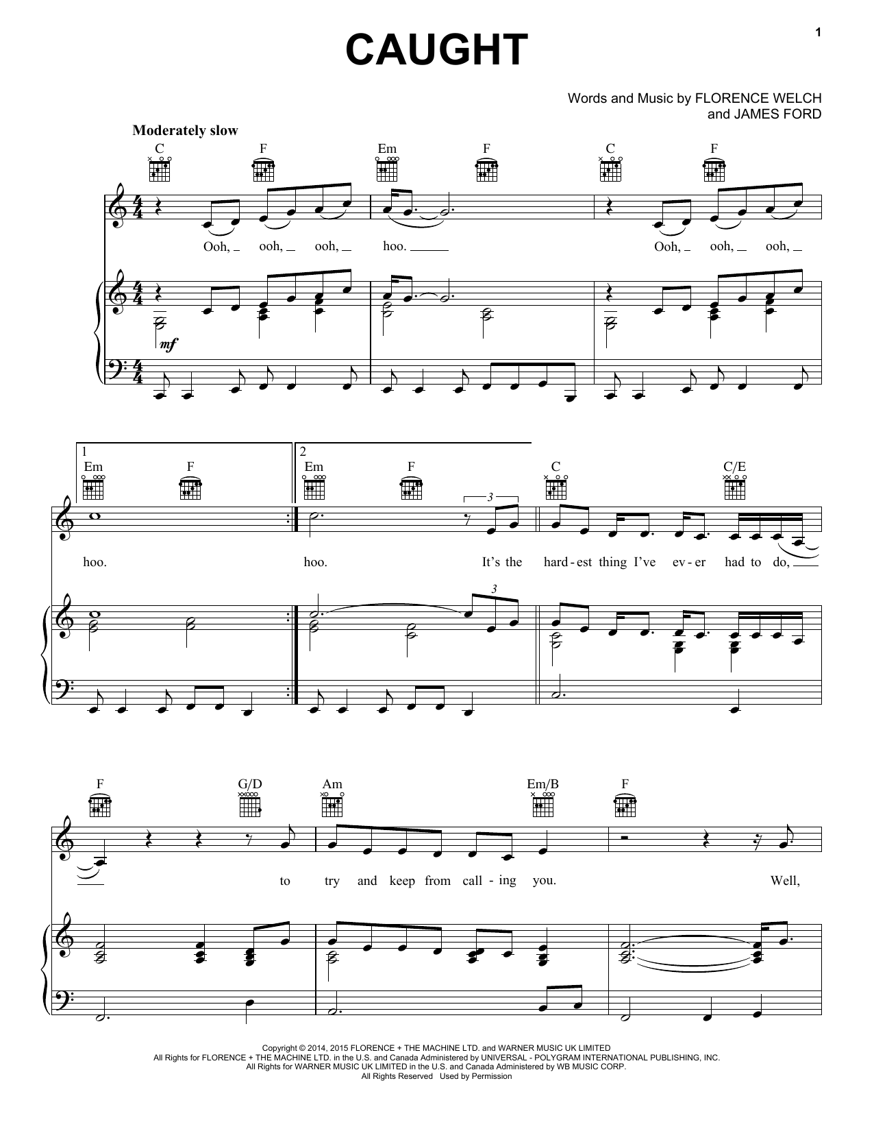 Florence And The Machine Caught Sheet Music Notes & Chords for Piano, Vocal & Guitar (Right-Hand Melody) - Download or Print PDF