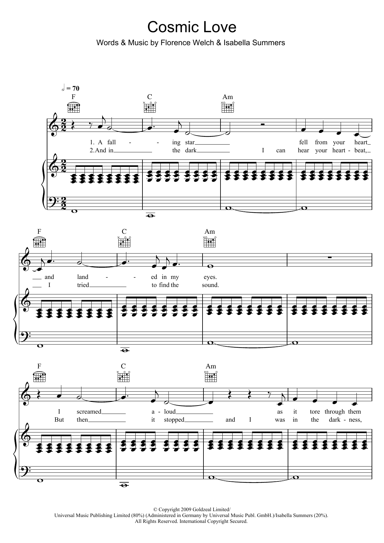 Florence And The Machine Cosmic Love Sheet Music Notes & Chords for Piano, Vocal & Guitar - Download or Print PDF