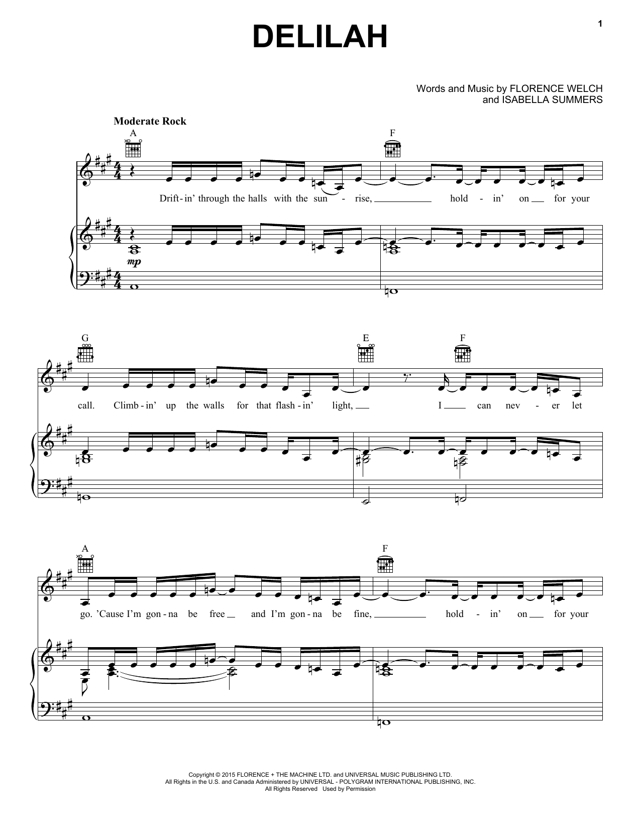 Florence And The Machine Delilah Sheet Music Notes & Chords for Piano, Vocal & Guitar (Right-Hand Melody) - Download or Print PDF