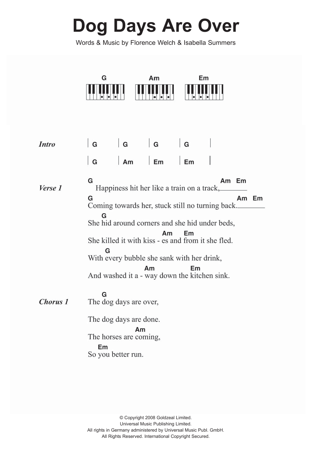 Florence And The Machine Dog Days Are Over Sheet Music Notes & Chords for Lyrics & Chords - Download or Print PDF