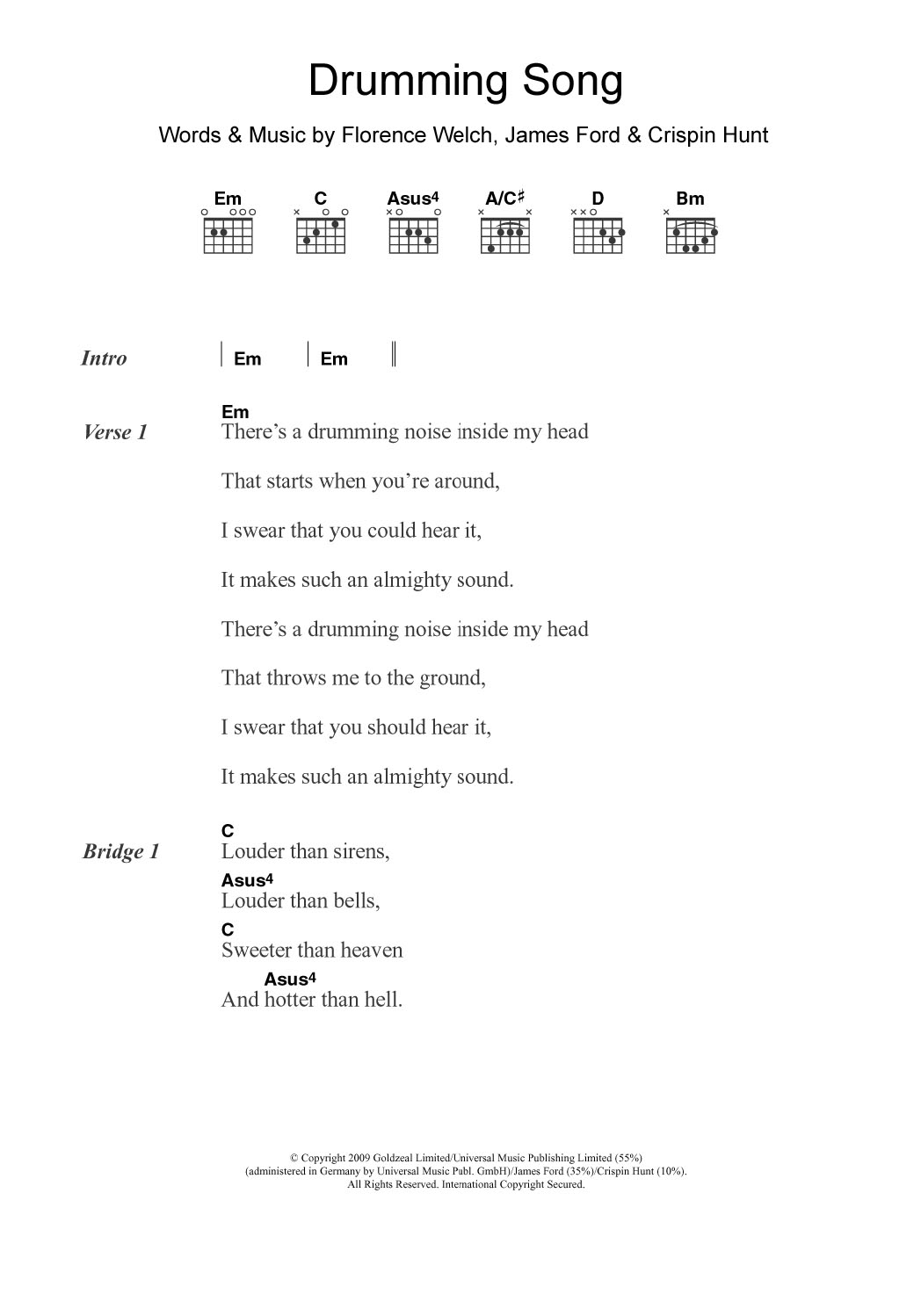 Florence And The Machine Drumming Song Sheet Music Notes & Chords for Lyrics & Chords - Download or Print PDF