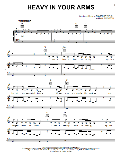 Florence And The Machine Heavy In Your Arms Sheet Music Notes & Chords for Piano, Vocal & Guitar (Right-Hand Melody) - Download or Print PDF