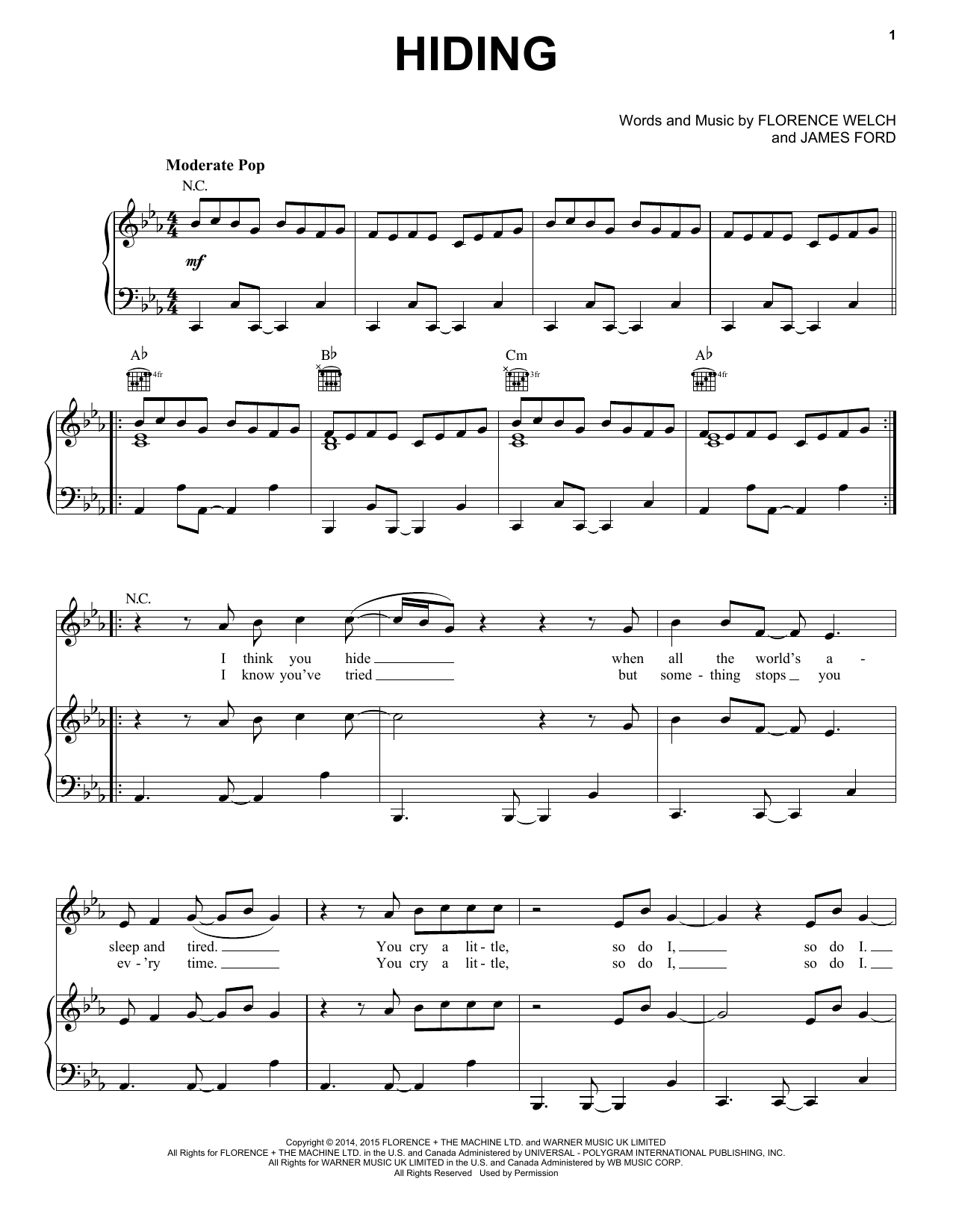 Florence And The Machine Hiding Sheet Music Notes & Chords for Piano, Vocal & Guitar (Right-Hand Melody) - Download or Print PDF