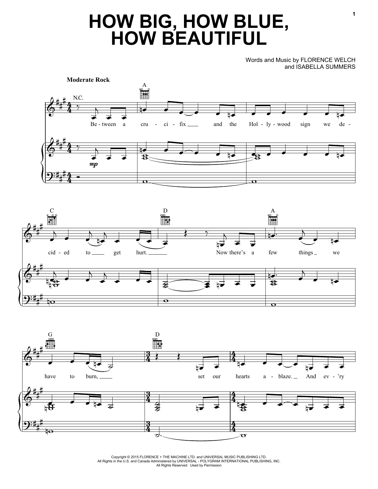 Florence And The Machine How Big, How Blue, How Beautiful Sheet Music Notes & Chords for Piano, Vocal & Guitar (Right-Hand Melody) - Download or Print PDF