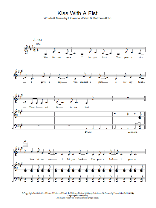 Florence And The Machine Kiss With A Fist Sheet Music Notes & Chords for Piano, Vocal & Guitar - Download or Print PDF Florence And The Machine Kiss With A Fist Sheet Music Notes & Chords for Piano, Vocal & Guitar - Download or Print PDF