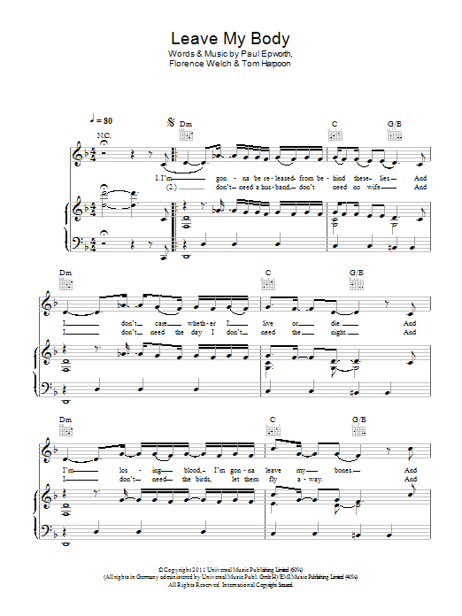 Florence And The Machine Leave My Body Sheet Music Notes & Chords for Piano, Vocal & Guitar (Right-Hand Melody) - Download or Print PDF