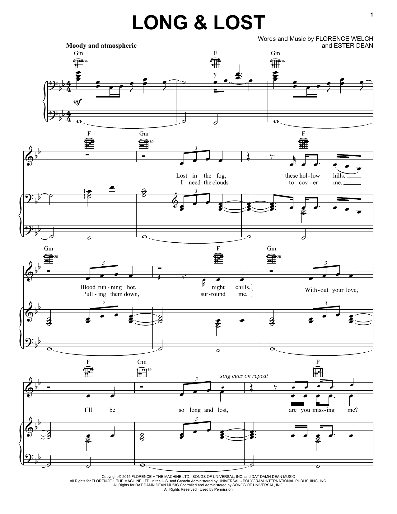 Florence And The Machine Long & Lost Sheet Music Notes & Chords for Piano, Vocal & Guitar (Right-Hand Melody) - Download or Print PDF