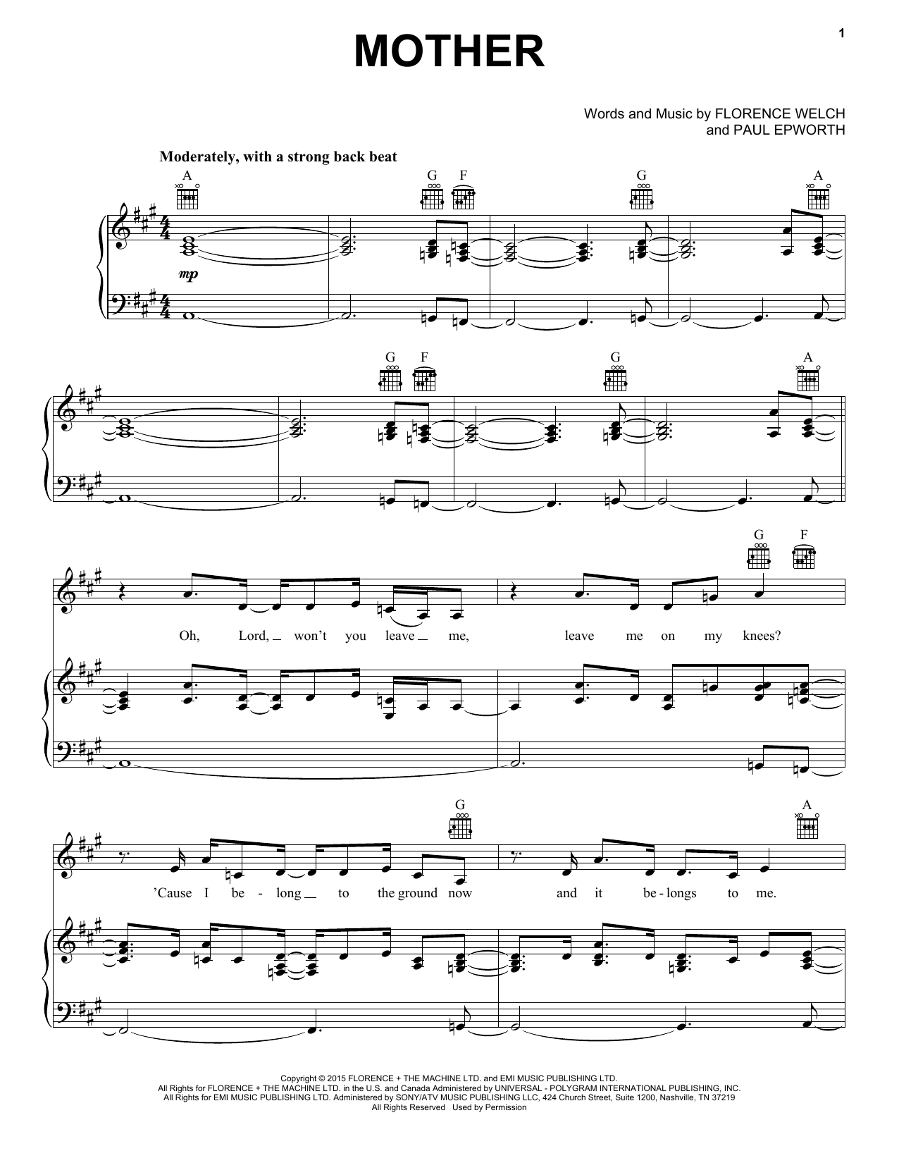 Florence And The Machine Mother Sheet Music Notes & Chords for Piano, Vocal & Guitar (Right-Hand Melody) - Download or Print PDF