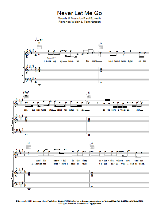 Florence And The Machine Never Let Me Go Sheet Music Notes & Chords for Piano, Vocal & Guitar (Right-Hand Melody) - Download or Print PDF