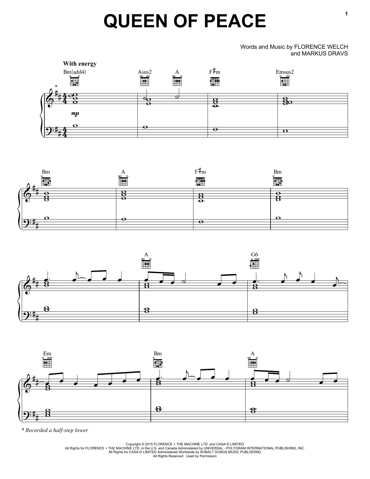 Florence And The Machine Queen Of Peace Sheet Music Notes & Chords for Piano, Vocal & Guitar (Right-Hand Melody) - Download or Print PDF