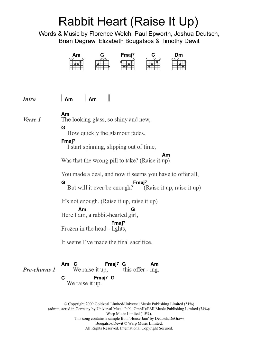 Florence And The Machine Rabbit Heart (Raise It Up) Sheet Music Notes & Chords for Guitar Chords/Lyrics - Download or Print PDF