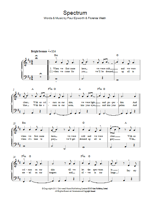 Florence And The Machine Spectrum Sheet Music Notes & Chords for Easy Piano - Download or Print PDF