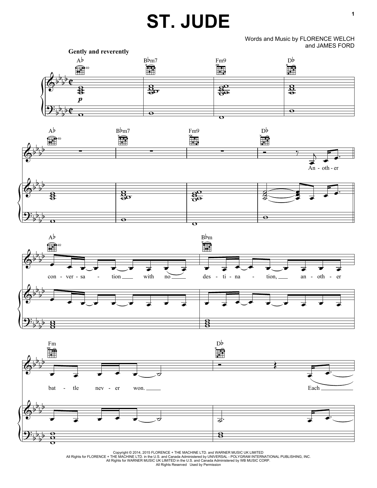 Florence And The Machine St. Jude Sheet Music Notes & Chords for Piano, Vocal & Guitar (Right-Hand Melody) - Download or Print PDF