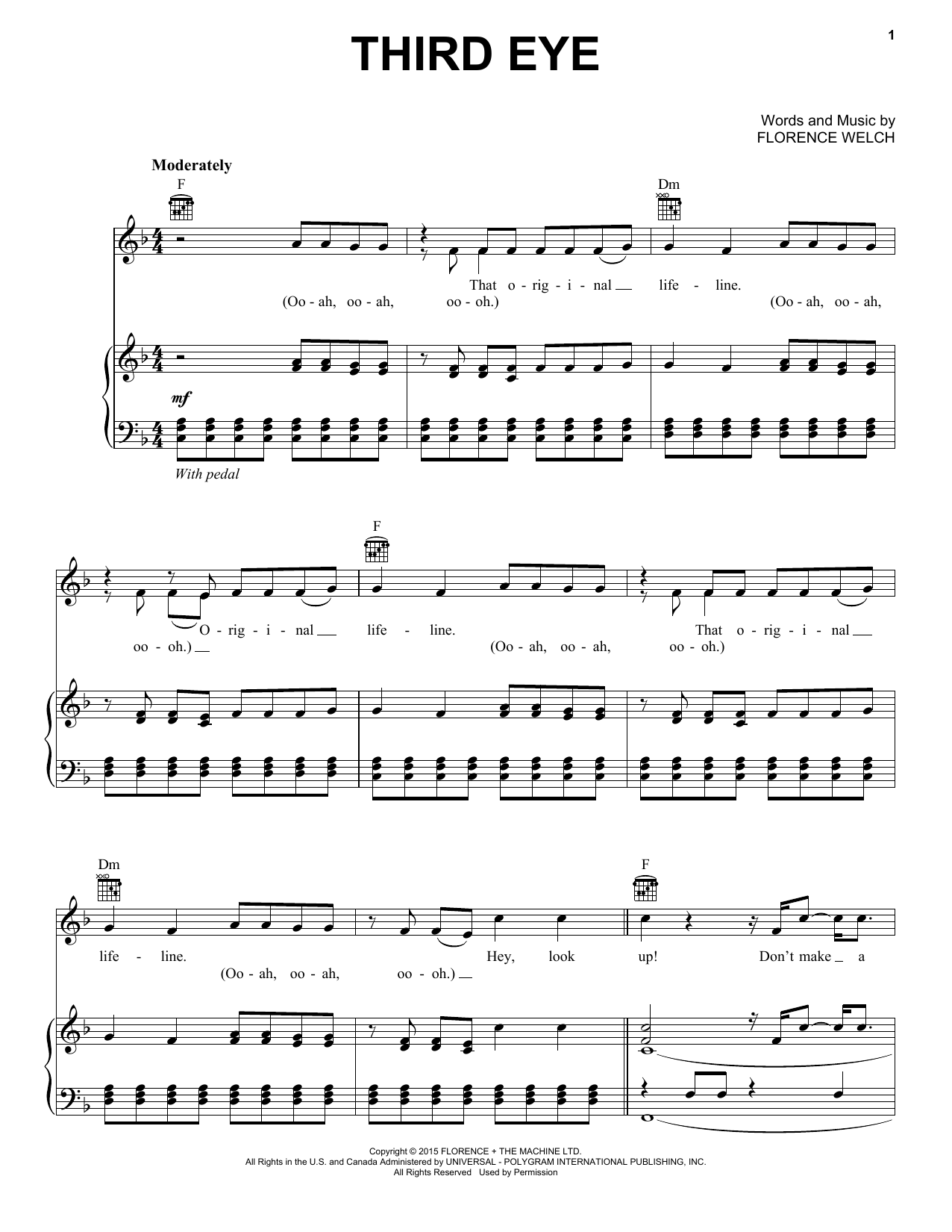 Florence And The Machine Third Eye Sheet Music Notes & Chords for Piano, Vocal & Guitar (Right-Hand Melody) - Download or Print PDF