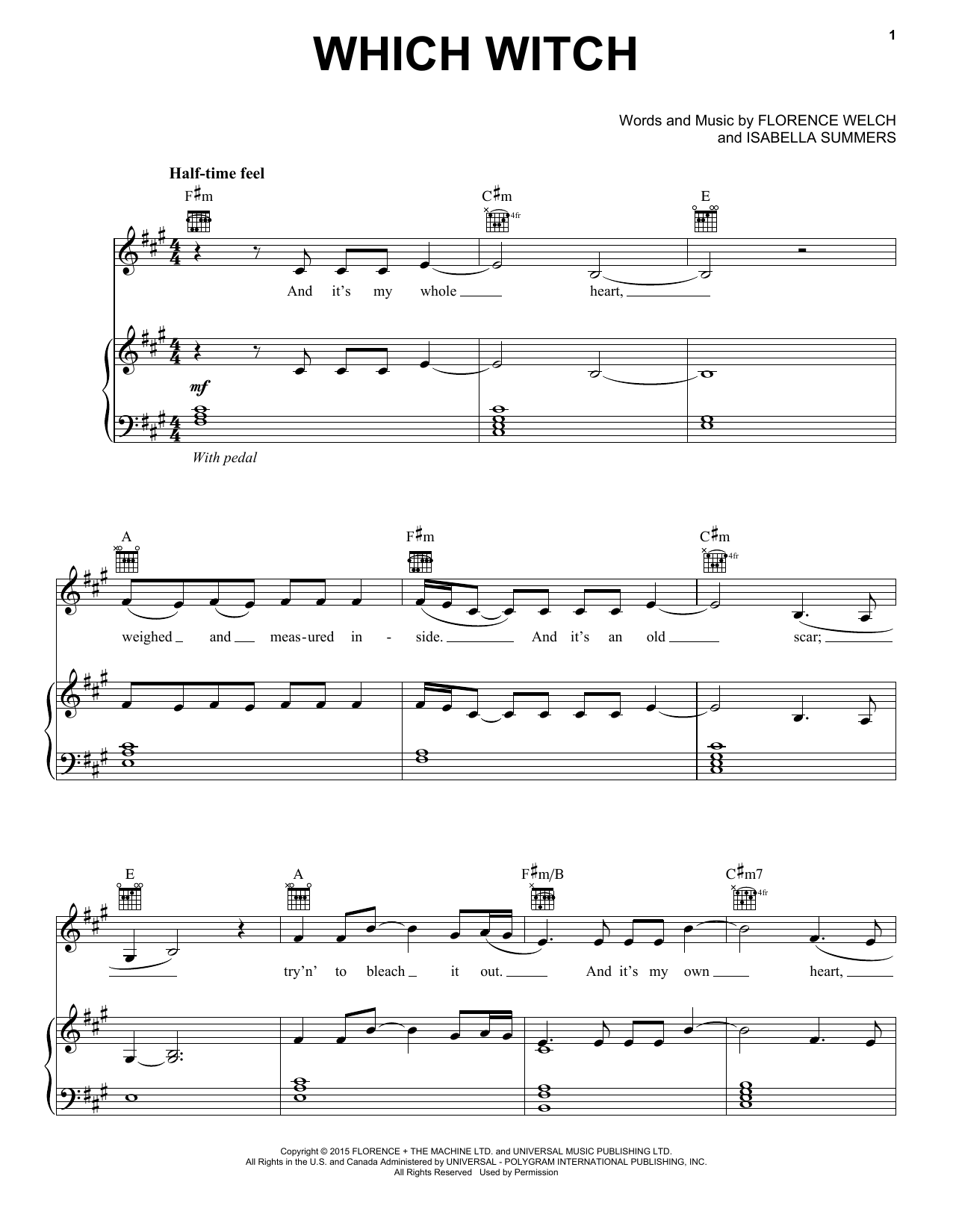 Florence And The Machine Which Witch Sheet Music Notes & Chords for Piano, Vocal & Guitar (Right-Hand Melody) - Download or Print PDF