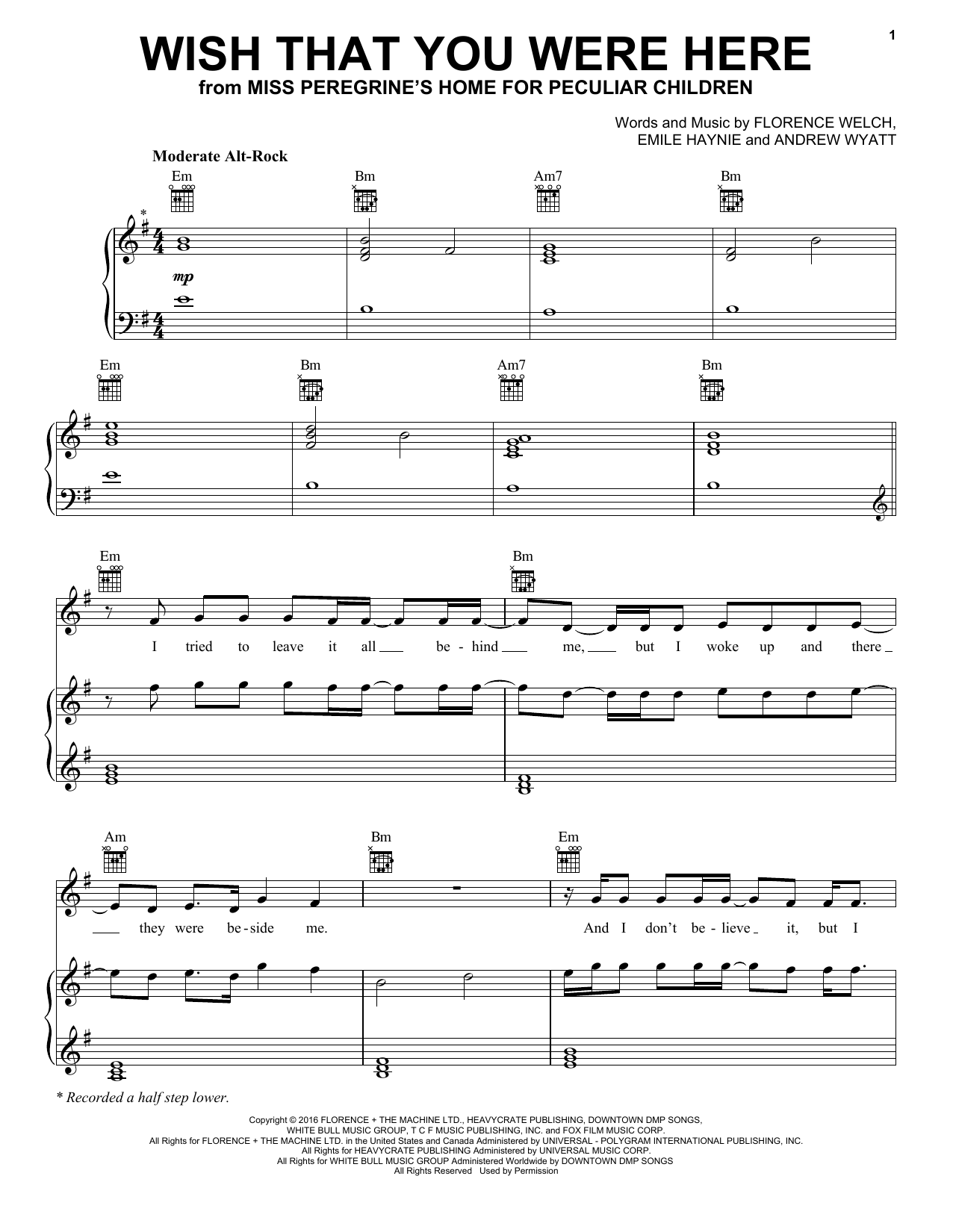 Florence And The Machine Wish That You Were Here Sheet Music Notes & Chords for Piano, Vocal & Guitar (Right-Hand Melody) - Download or Print PDF