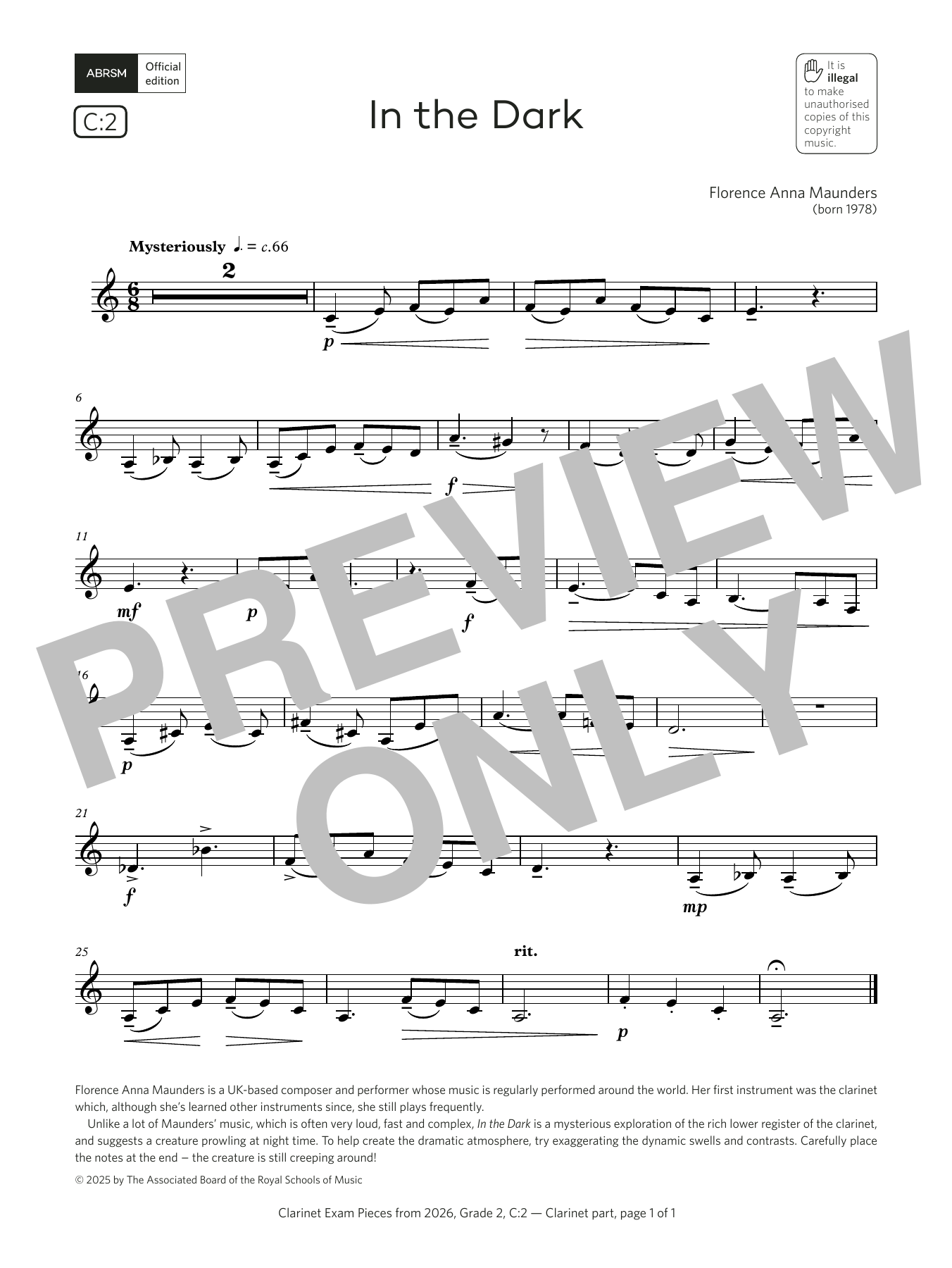 Florence Anna Maunders In the Dark (Grade 2, list C2, from the ABRSM Clarinet Syllabus from 2026) Sheet Music Notes & Chords for Clarinet Solo - Download or Print PDF Florence Anna Maunders In the Dark (Grade 2, list C2, from the ABRSM Clarinet Syllabus from 2026) Sheet Music Notes & Chords for Clarinet Solo - Download or Print PDF