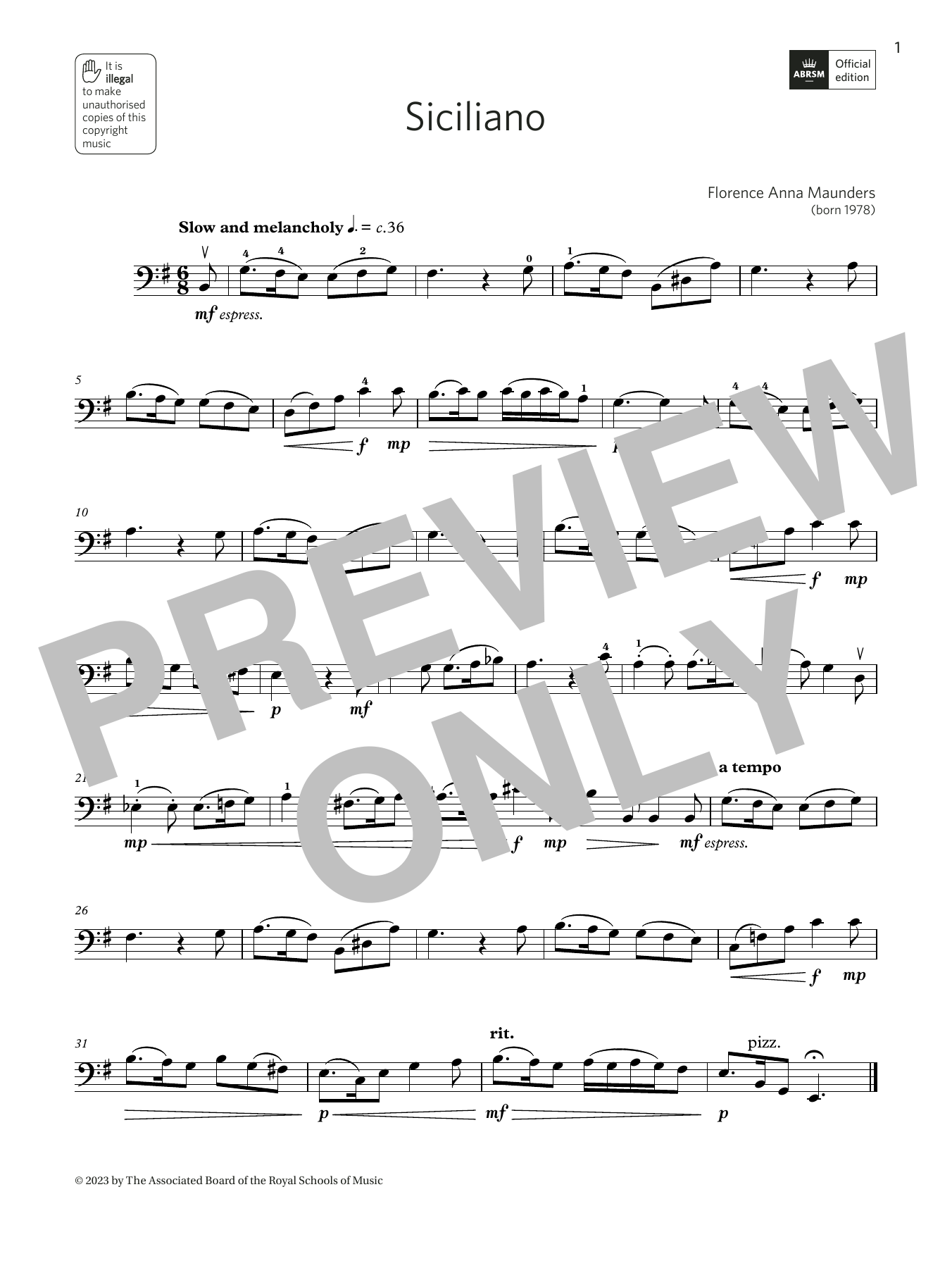 Florence Anna Maunders Siciliano (Grade 4, B12, from the ABRSM Double Bass Syllabus from 2024) Sheet Music Notes & Chords for String Bass Solo - Download or Print PDF