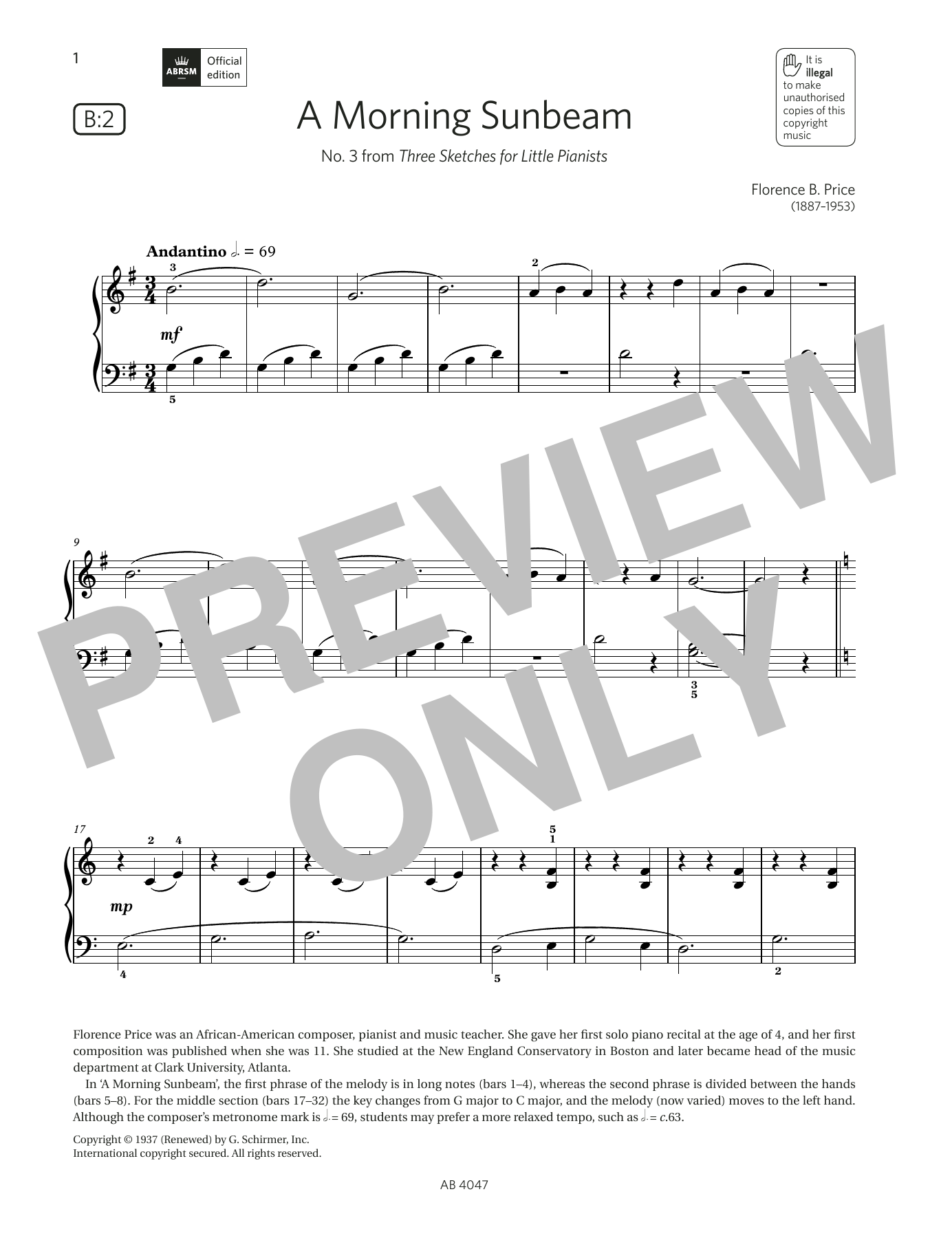 Florence B. Price A Morning Sunbeam (Grade 1, list B2, from the ABRSM Piano Syllabus 2023 & 2024) Sheet Music Notes & Chords for Piano Solo - Download or Print PDF