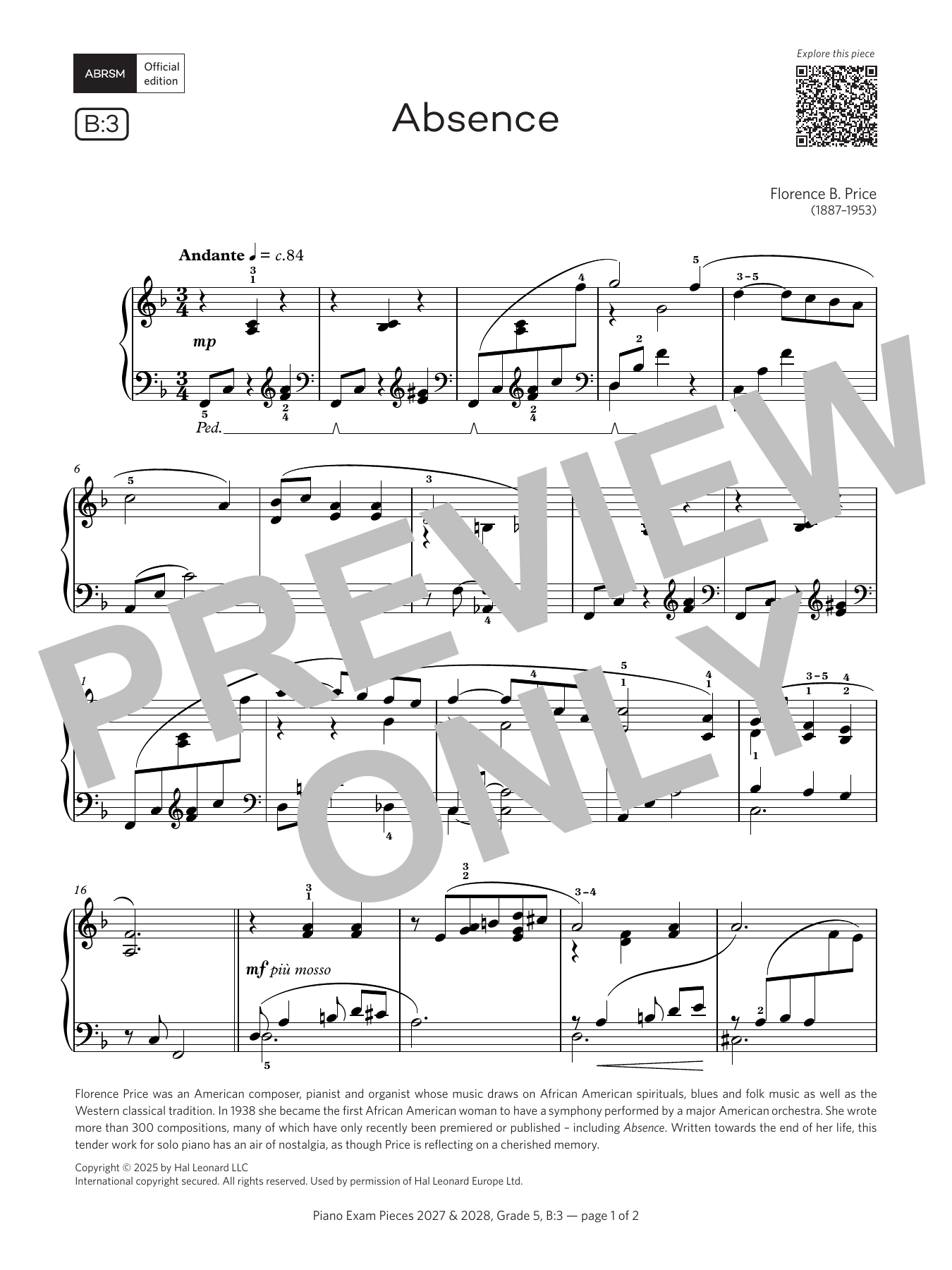 Florence B. Price Absence (Grade 5, list B3, from the ABRSM Piano Syllabus 2027 & 2028) Sheet Music Notes & Chords for Piano Solo - Download or Print PDF