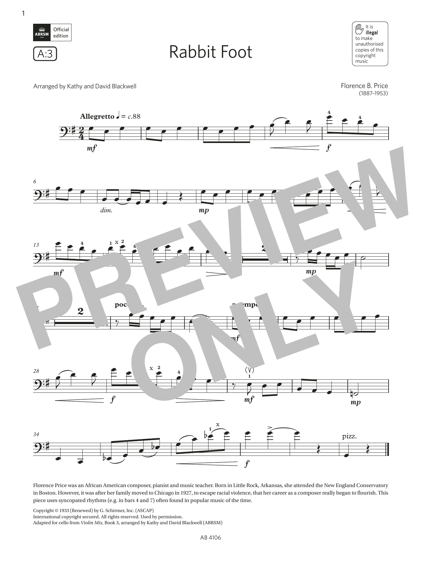 Florence B. Price Rabbit Foot (Grade 3, A3, from the ABRSM Cello Syllabus from 2024) Sheet Music Notes & Chords for Cello Solo - Download or Print PDF