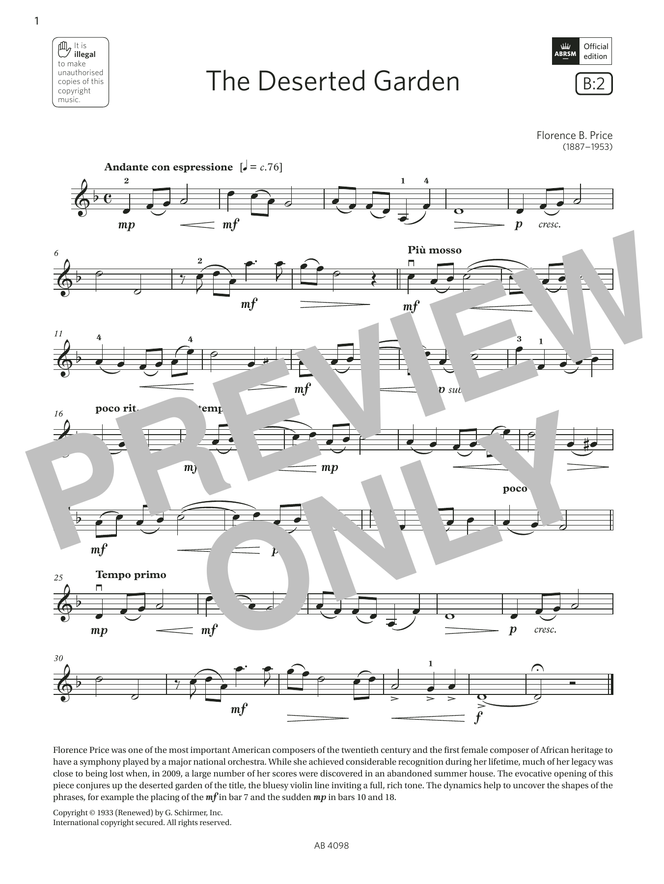 Florence B. Price The Deserted Garden (Grade 4, B2, from the ABRSM Violin Syllabus from 2024) Sheet Music Notes & Chords for Violin Solo - Download or Print PDF