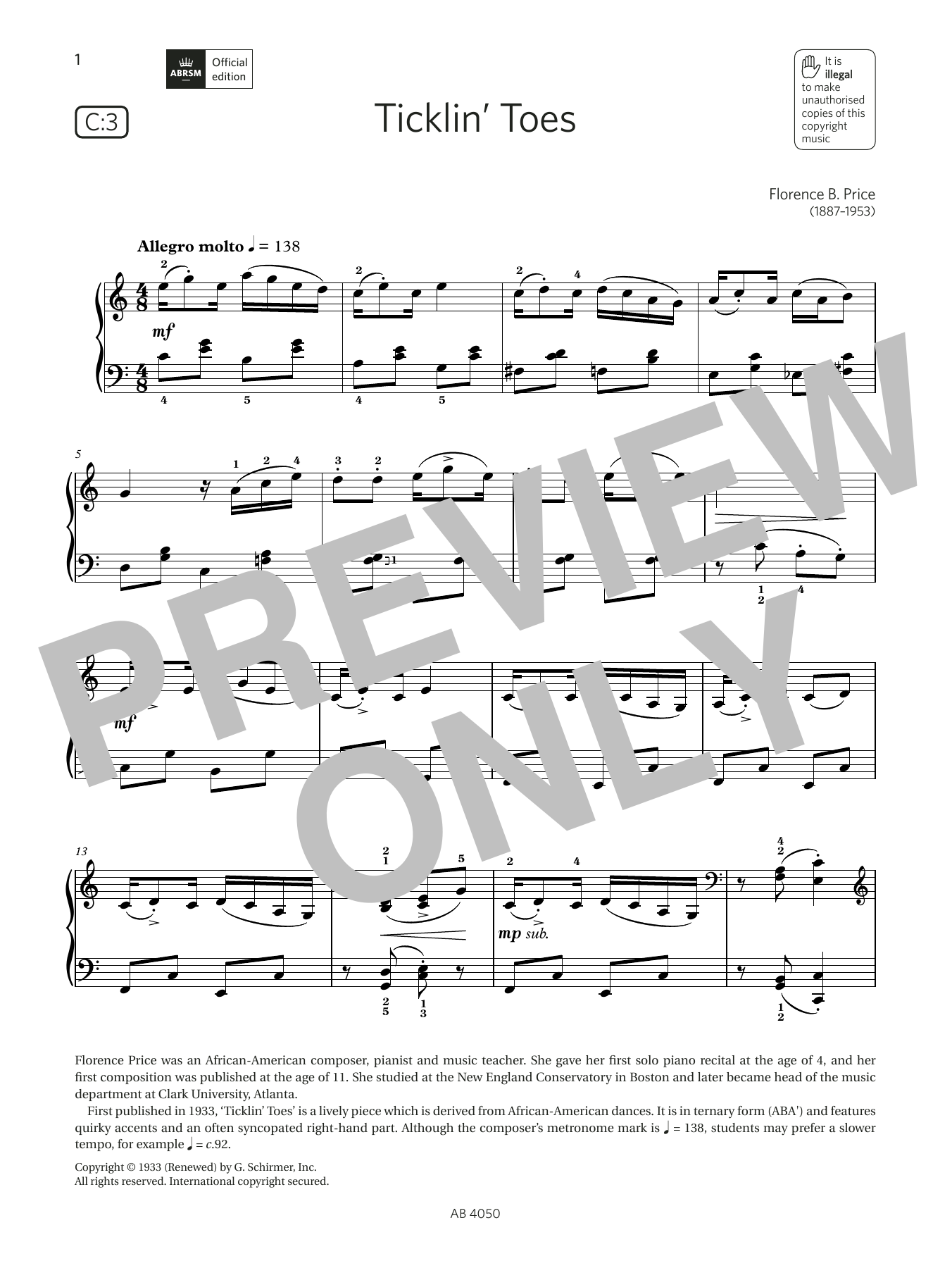 Florence B Price Ticklin Toes (Grade 4, list C3, from the ABRSM Piano Syllabus 2023 & 2024) Sheet Music Notes & Chords for Piano Solo - Download or Print PDF