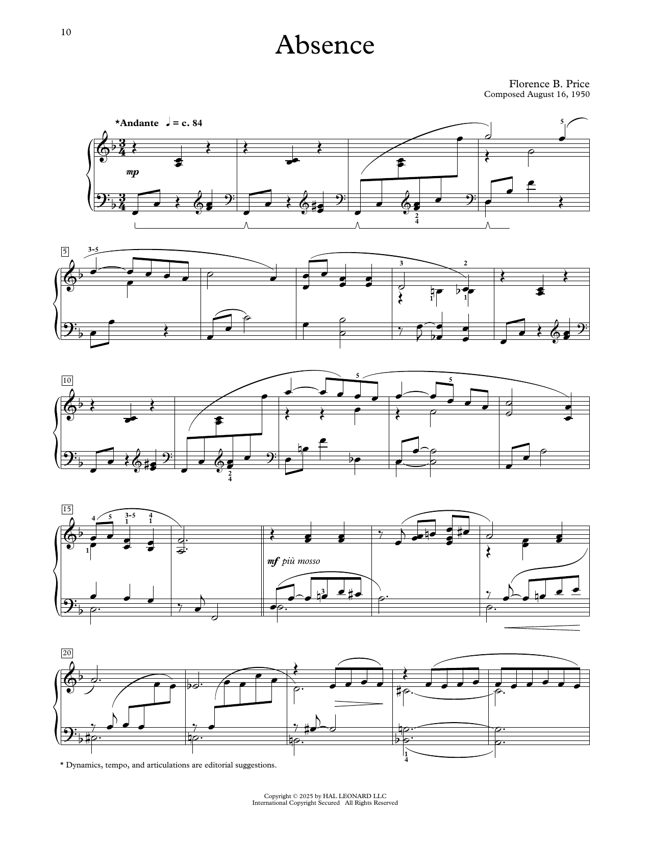 Florence Price Absence Sheet Music Notes & Chords for Educational Piano - Download or Print PDF