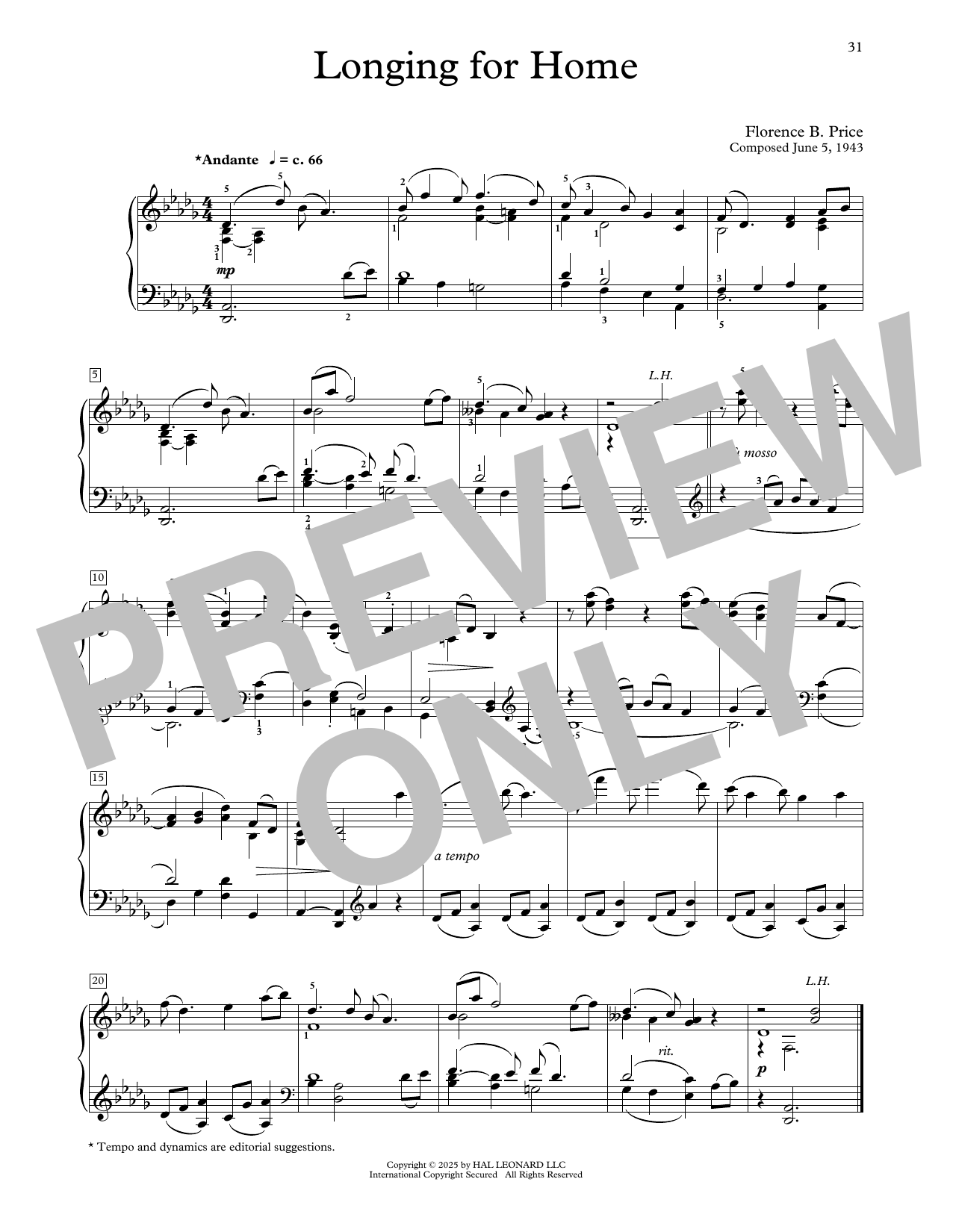 Florence Price Longing For Home Sheet Music Notes & Chords for Educational Piano - Download or Print PDF