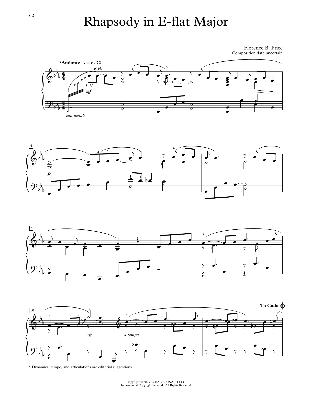 Florence Price Rhapsody In E-Flat Major Sheet Music Notes & Chords for Educational Piano - Download or Print PDF