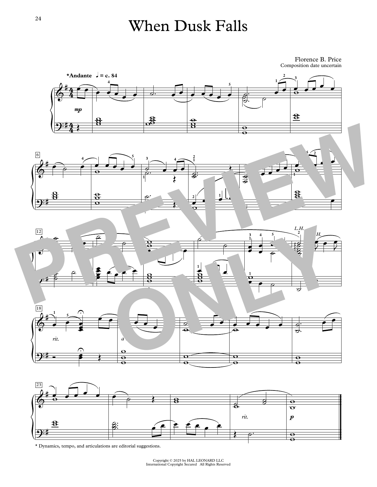 Florence Price When Dusk Falls Sheet Music Notes & Chords for Educational Piano - Download or Print PDF