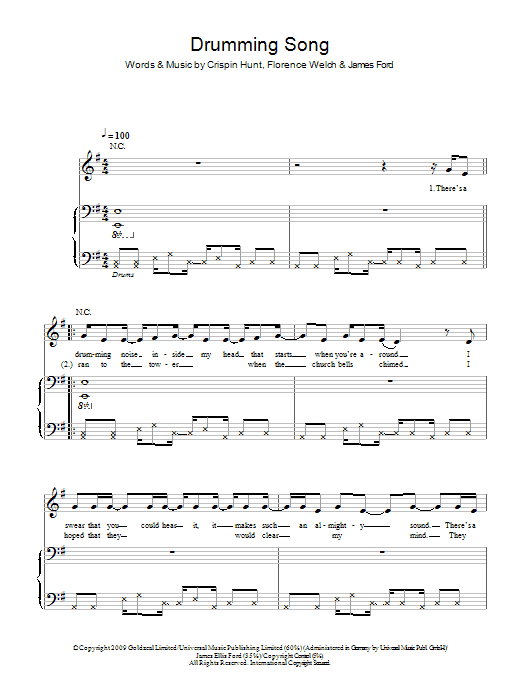 Preview Florence And The Machine Drumming Song Rock sheet music, notes and chords for Piano, Vocal & Guitar, SKU: 48308 Drumming Song sheet music