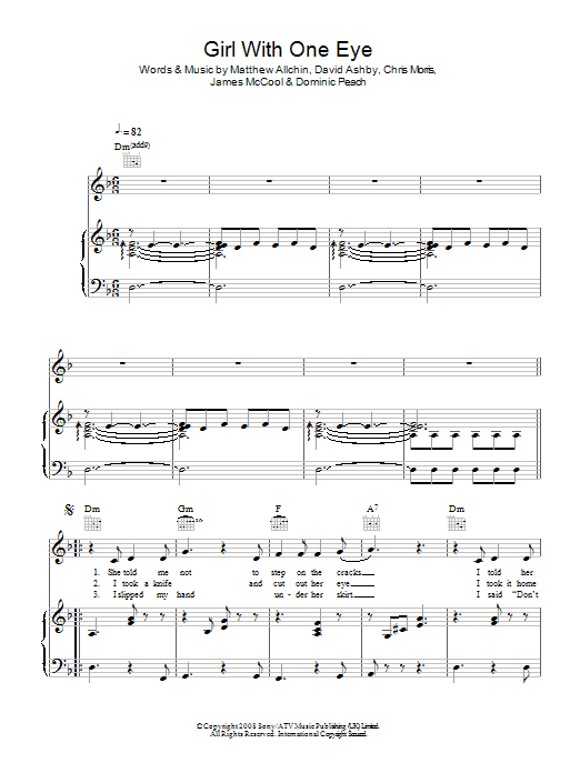 Preview Florence And The Machine Girl With One Eye Rock sheet music, notes and chords for Piano, Vocal & Guitar, SKU: 48309 Girl With One Eye sheet music