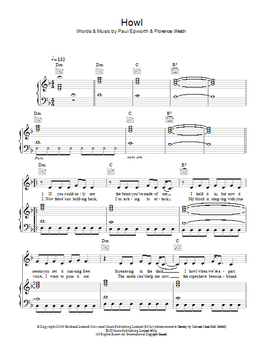 Preview Florence And The Machine Howl Rock sheet music, notes and chords for Piano, Vocal & Guitar, SKU: 48310 Howl sheet music