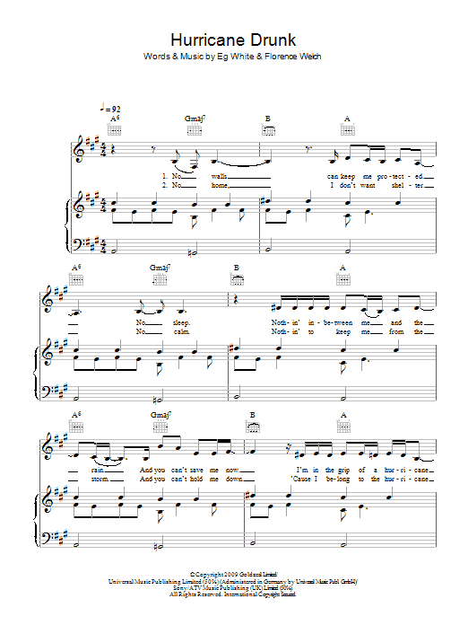 Preview Florence And The Machine Hurricane Drunk Rock sheet music, notes and chords for Piano, Vocal & Guitar, SKU: 48311 Hurricane Drunk sheet music