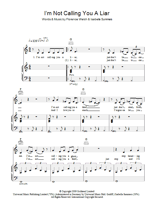 Preview Florence And The Machine I'm Not Calling You A Liar Rock sheet music, notes and chords for Piano, Vocal & Guitar, SKU: 48312 I'm Not Calling You A Liar sheet music