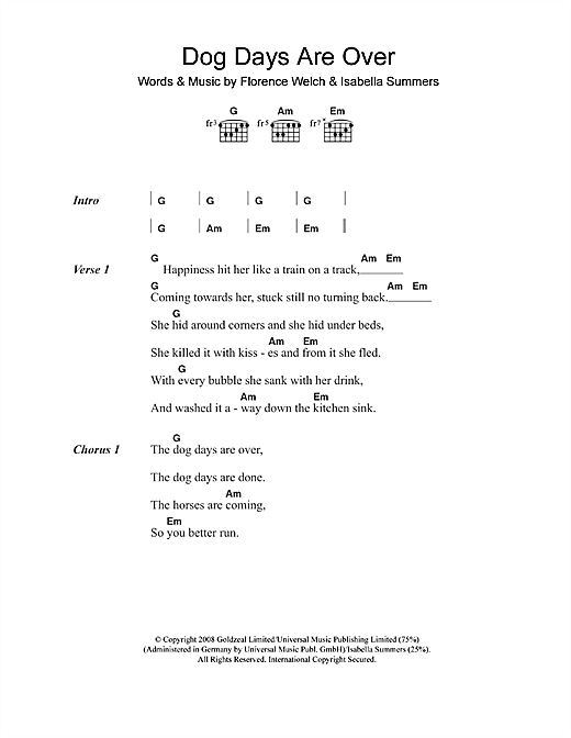 Preview Florence And The Machine Dog Days Are Over Pop sheet music, notes and chords for Lyrics & Chords, SKU: 49225 Dog Days Are Over sheet music